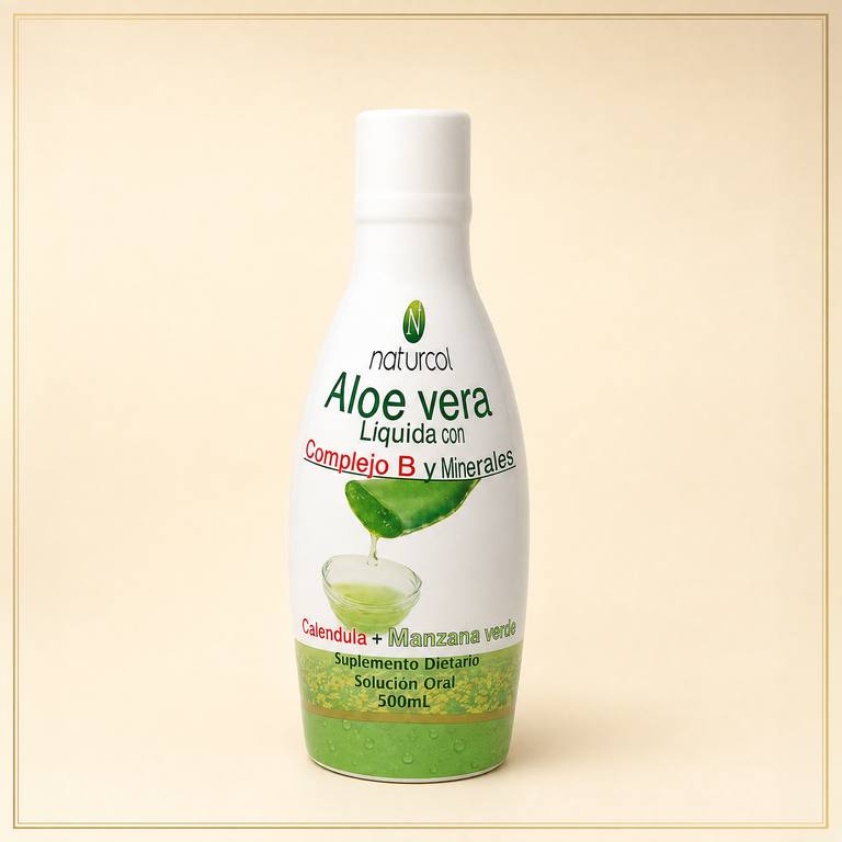 Naturcol Aloe Vera Liquida con complejo B y minerales, calendula y manzana verde 500mL, fibra y digestion, a domicilio Villavicencio